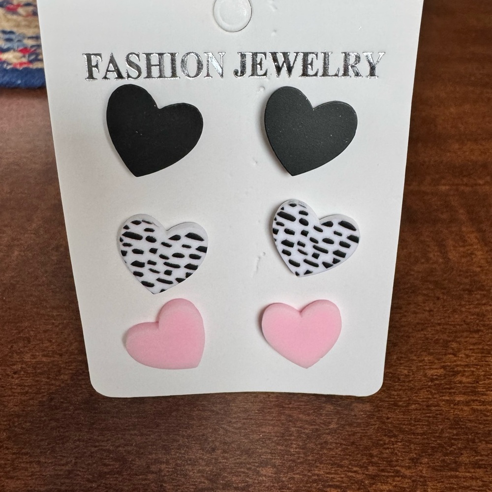 Heart Shaped Earring 3 pc Set - Black, Pink, and White